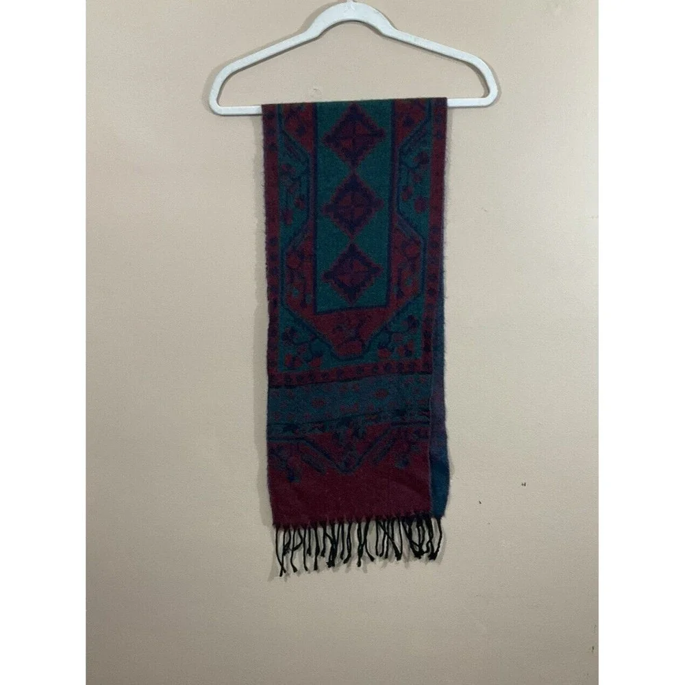 VTG Christian Dior Cashluxe Rectangle Scarf Red Blue 80s Fringe Geometric Print